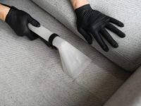 Extractor cleaning removes dust from the sofa at home. Dry-cleaning the upholstery furniture fibers with extractor